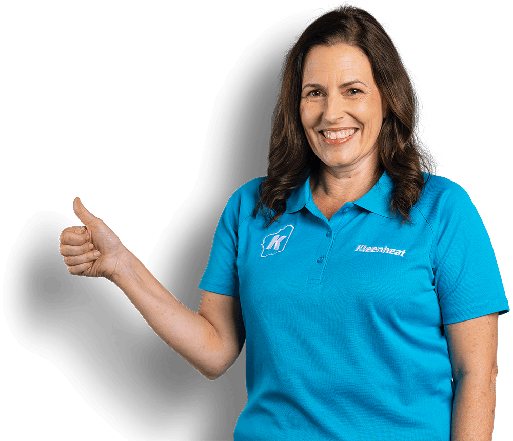 Kleenheat team member wearing a cyan blue shirt, smiling and giving a 'thumbs up'