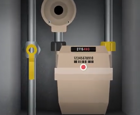 WA gas meter with valve handle in an 'on' position